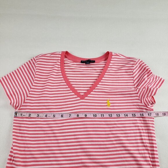 Ralph Lauren V Neck Shirt Womens Medium Coral Stripe Short Sleeve Pony Top Tee - Picture 4 of 7